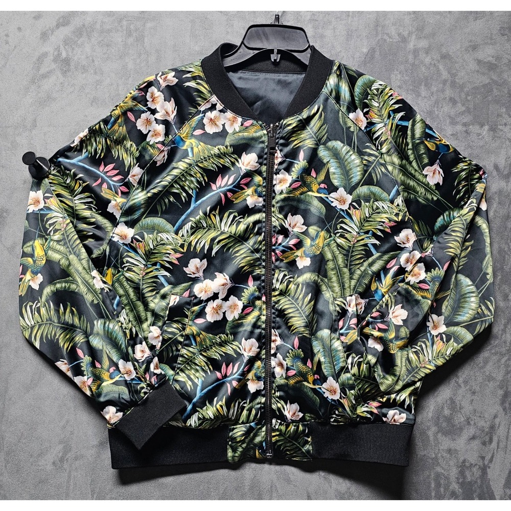 HM‎ Reversible Bomber Jacket Black Tropical Floral Bird Print Satin Large L